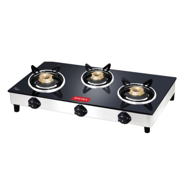 Baltra Gas Stove | 7mm Tempered Glass with Heat Shield | Stylish and Durable Cooking Surface | 3 Burner Glass Cooktop | Nexa BGS 145