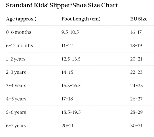 Slippers for girls- Kids Slippers Size Chart